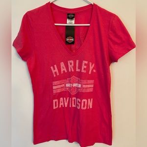 Harley Davidson Motorcycles v-neck tee T-shirt bright rose & white bar& shield
